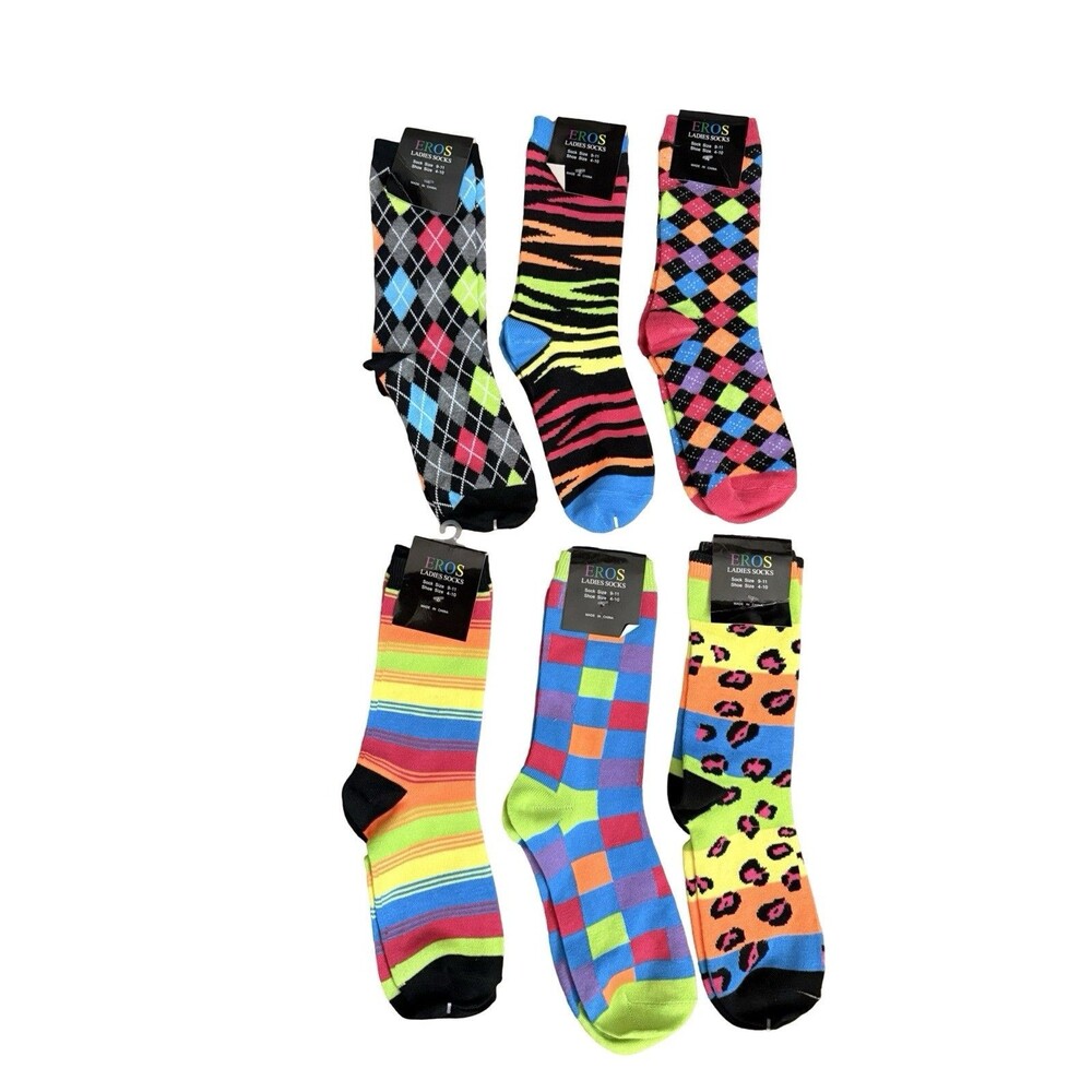 Eros Womens Colorful Crew Socks 6 Pairs Neon Argyle Leopard Zebra Size 9-11 New